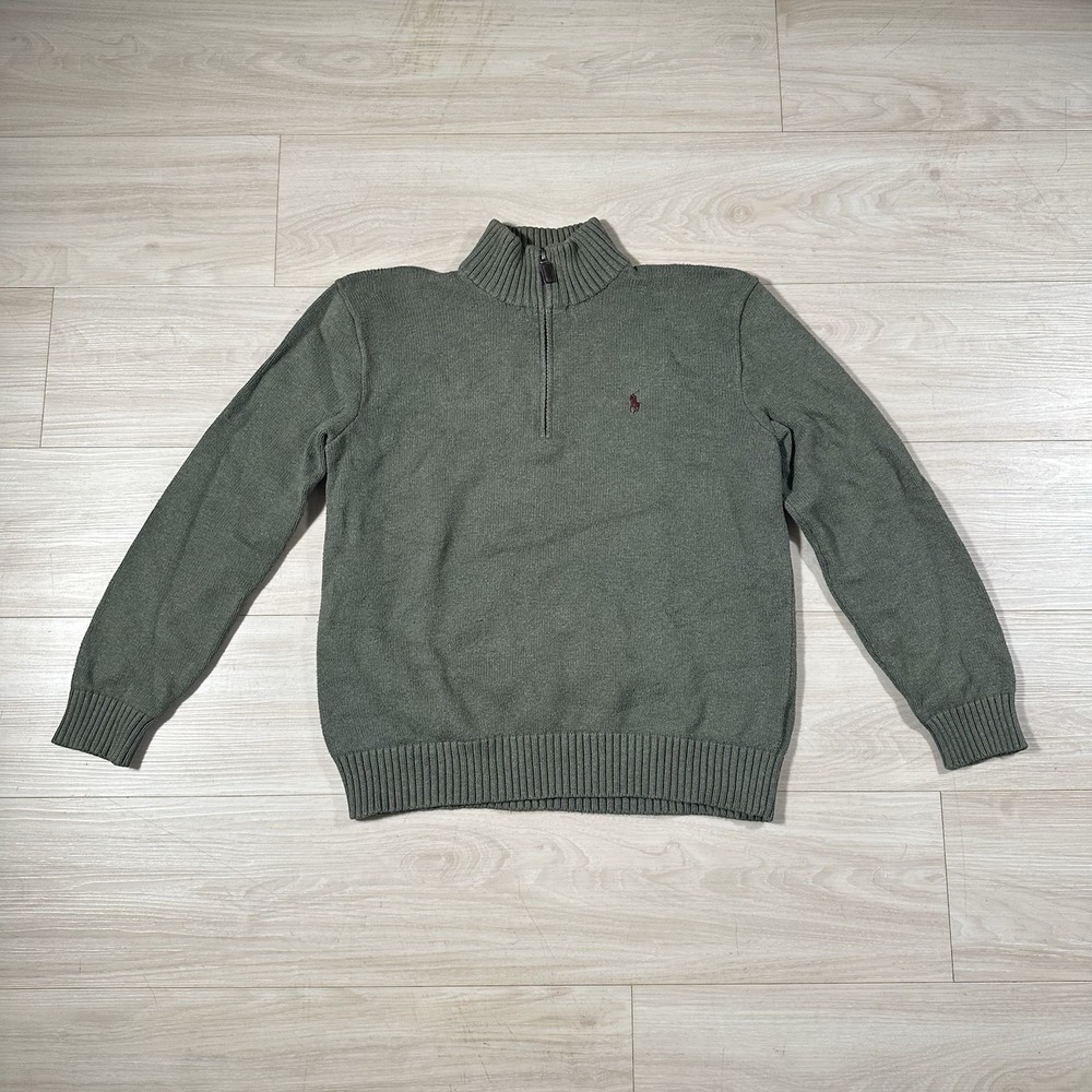 Polo Ralph Lauren Mens Knit Cotton Quarter-Zip Sweater Size Medium Green Classic